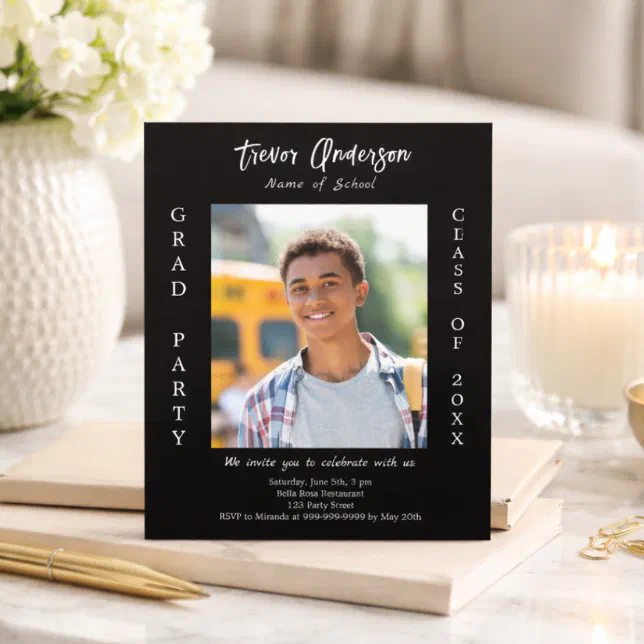 Graduation party black white photo invitation | Zazzle