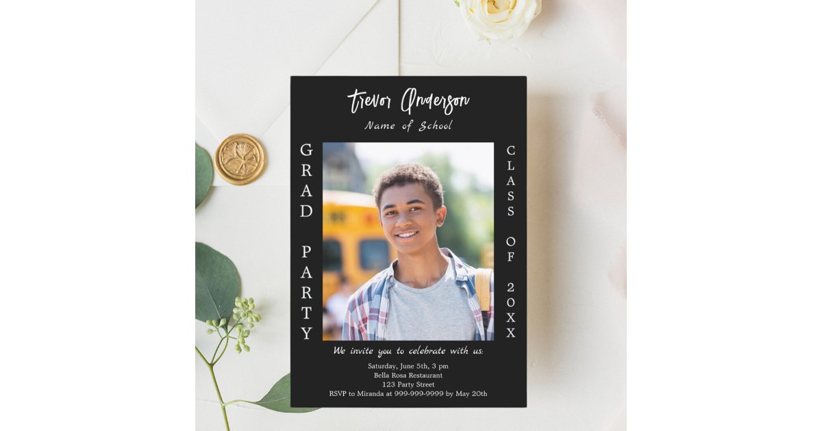 Graduation party black white photo invitation | Zazzle