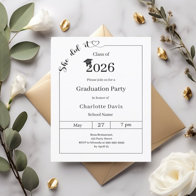 Graduation party black white She did it invitation (Creator Uploaded)