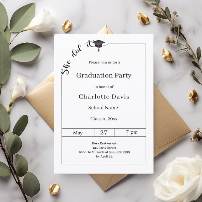 Graduation party black white She did it Invitation (Creator Uploaded)