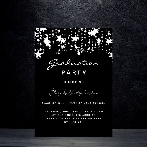 Graduation party black white stars elegant invitation