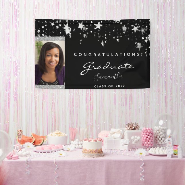 Graduation party black white stars photo 2025 banner (Party)