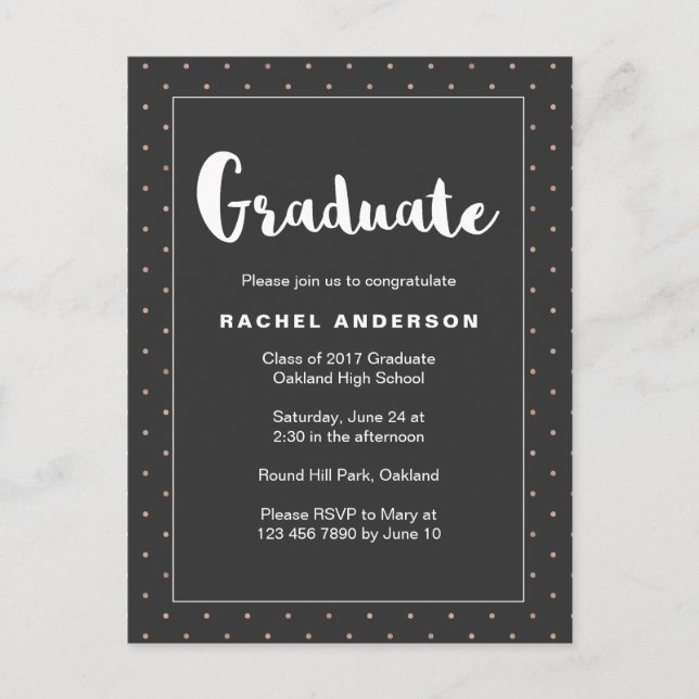Graduation Party Black with Faux Gold Dots Invitation Postcard (Front)