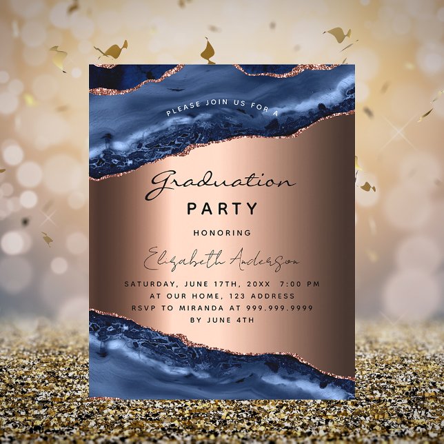 Graduation party blue agate rose budget invitation flyer (Creator Uploaded)