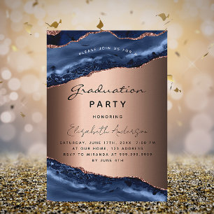 Graduation party blue agate rose gold luxury invitation