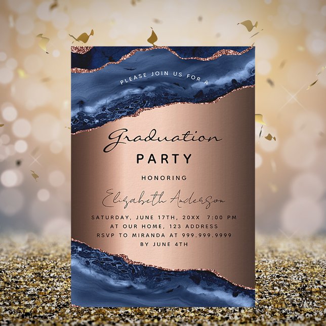 Graduation party blue agate rose gold luxury invitation (Creator Uploaded)
