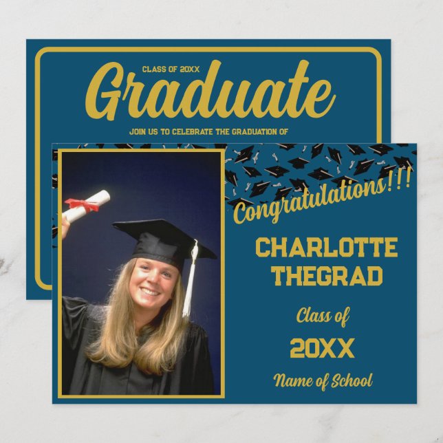 Graduation Party Blue and Gold Personalized Photo Invitation (Front/Back)