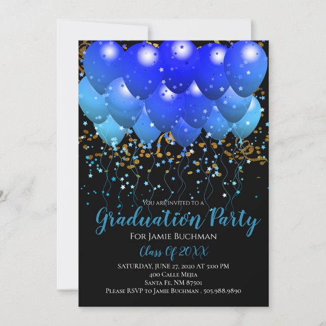 Graduation Party Blue Balloons Gold Confetti Black Invitation (Front)