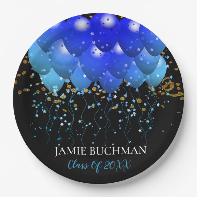 Graduation Party Blue Balloons Gold Confetti Black Paper Plates (Front)