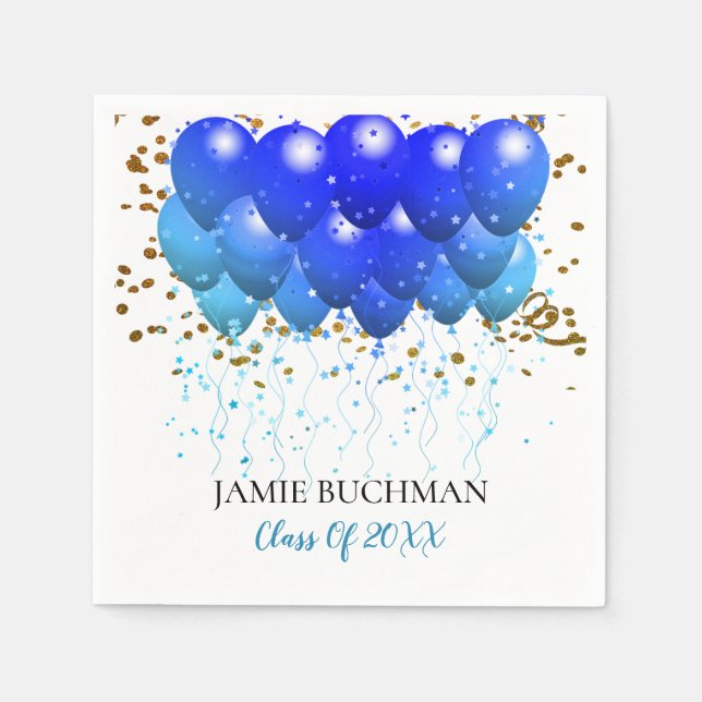 Graduation Party Blue Balloons Gold Confetti Napkins (Front)