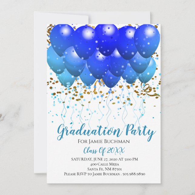 Graduation Party Blue Balloons Gold Confetti White Invitation (Front)