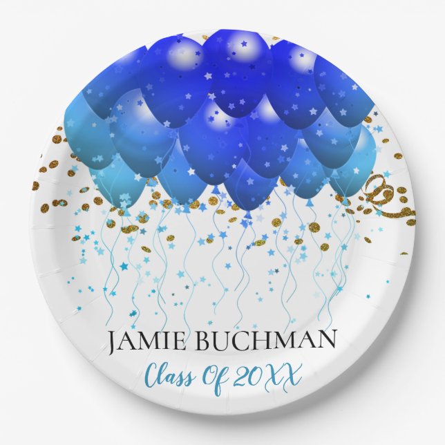 Graduation Party Blue Balloons Gold Confetti White Paper Plates (Front)