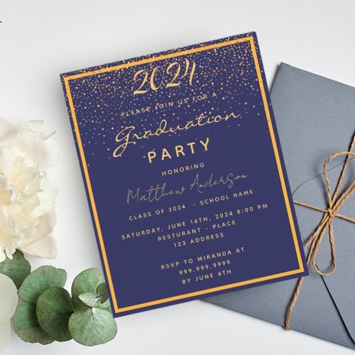 Graduation party blue gold 2024 budget invitation