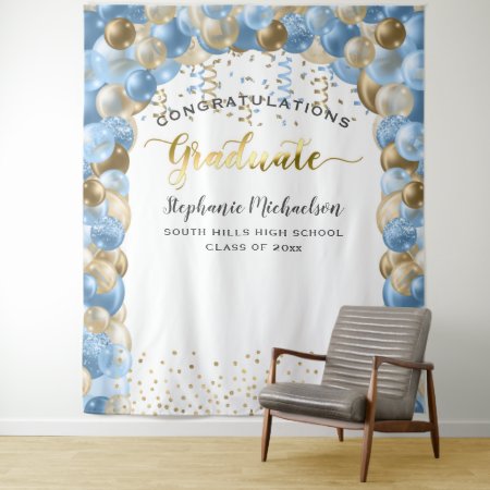 Graduation Party Blue Gold Balloons Streamers Tapestry