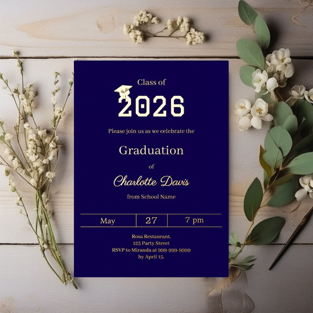 Graduation party blue gold class of 2026 luxury foil invitation (Creator Uploaded)