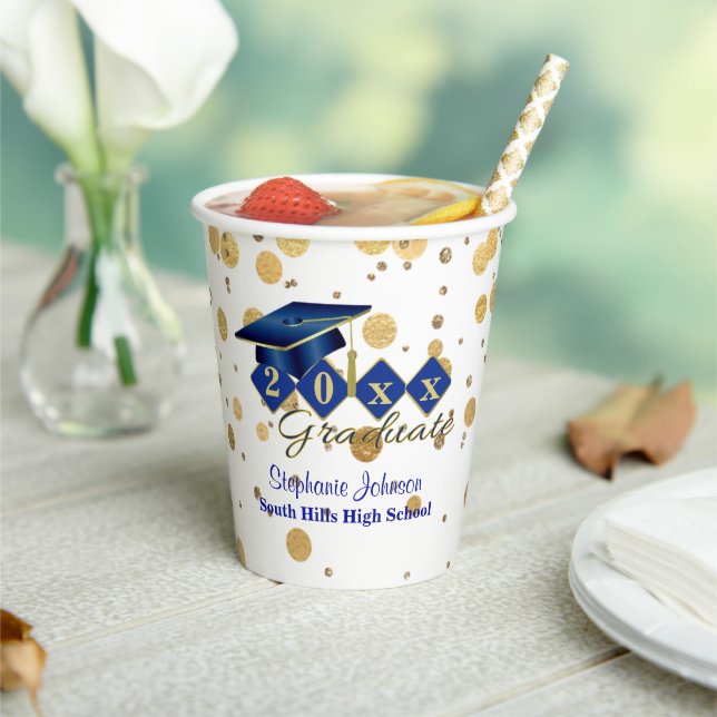 Graduation Party Blue Gold Confetti Personalized Paper Cups (Insitu)
