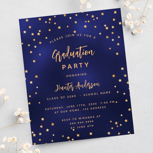Graduation party blue gold stars budget invitation
