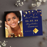 Graduation party blue gold stars photo 2025 save the date<br><div class="desc">A photo Save the date card for a graduation party 20XX. On front: Add your own vertical size photo of the graduate. A classic navy blue background color, decorated with faux gold stars. Personalize and add a name and date. Golden letters. The name and the text: Save the Date are...</div>