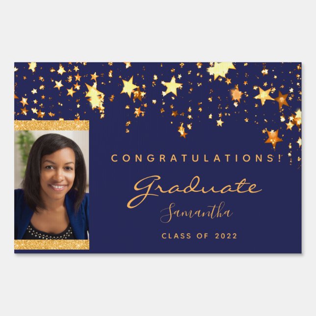 Graduation party blue gold stars photo sign (Front)