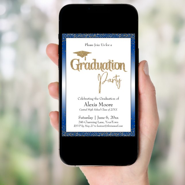 Graduation Party Blue Ombre Gold Confetti Invitation (Front Digital)