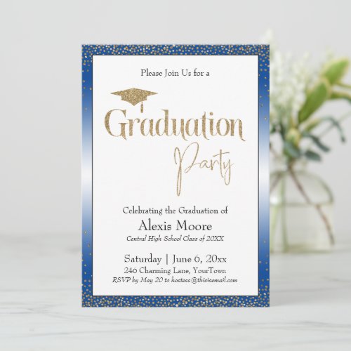 Graduation Party Blue Ombre Gold Confetti Invitation