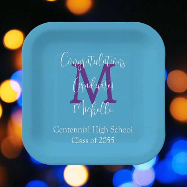 Graduation Party Blue Purple White Name Monogram Paper Plates (Creator Uploaded)