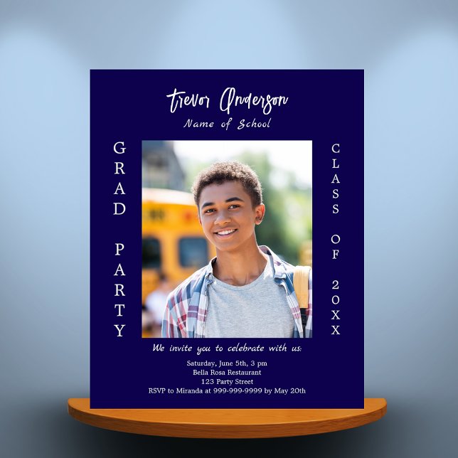 Graduation party blue white photo invitation (Creator Uploaded)
