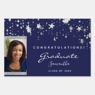 Graduation party blue white stars photo sign