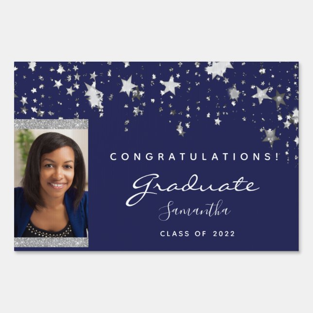 Graduation party blue white stars photo sign (Front)