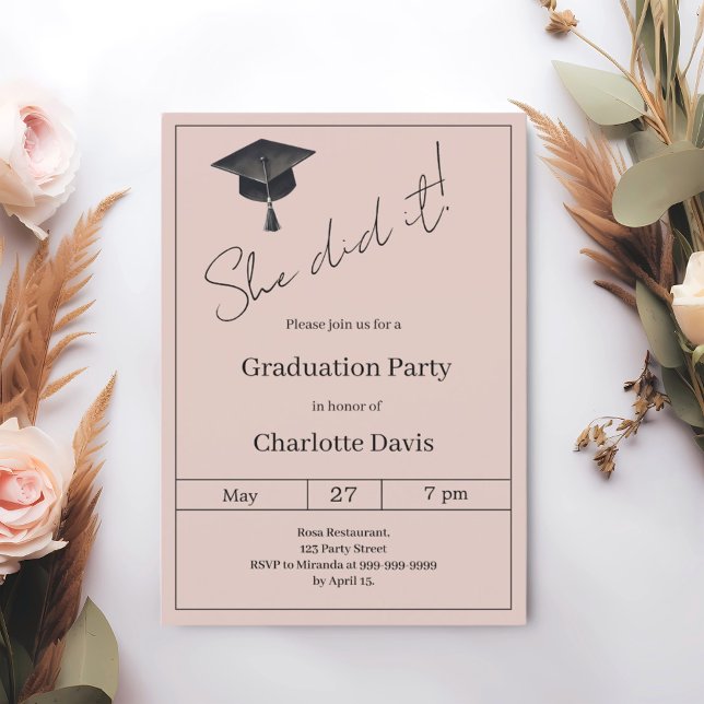 Graduation party blush pink neutral She did it Invitation (Creator Uploaded)