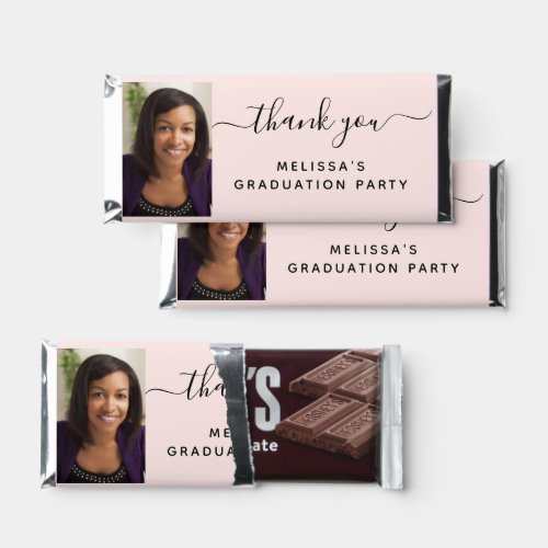 Graduation party blush pink photo script hershey bar favors