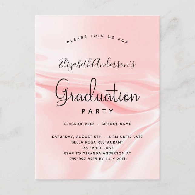 Graduation party blush pink satin silk invitation postcard (Front)