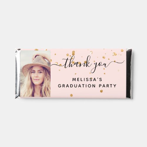 Graduation party blush rose gold photo script hershey bar favors