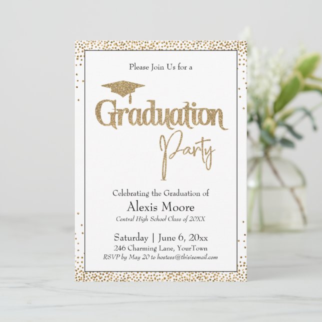 Graduation Party Bordered Gold Confetti Invitation (Standing Front)