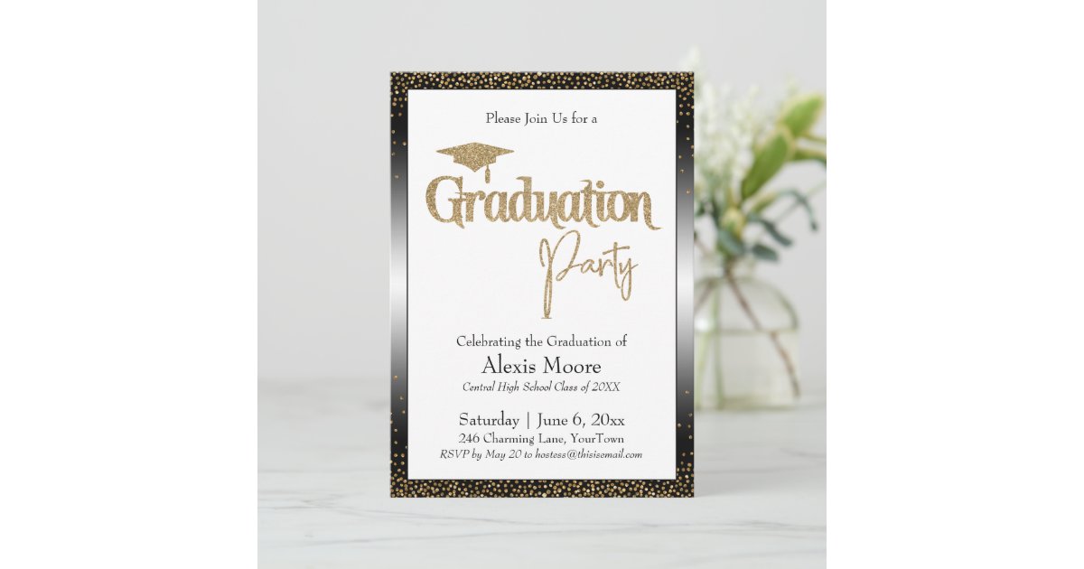 Graduation Party Bordered Gold Confetti Invitation | Zazzle