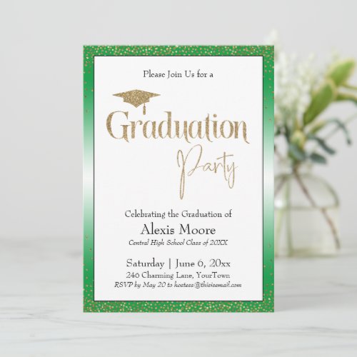 Graduation Party Bright Green Ombre Gold Confetti Invitation
