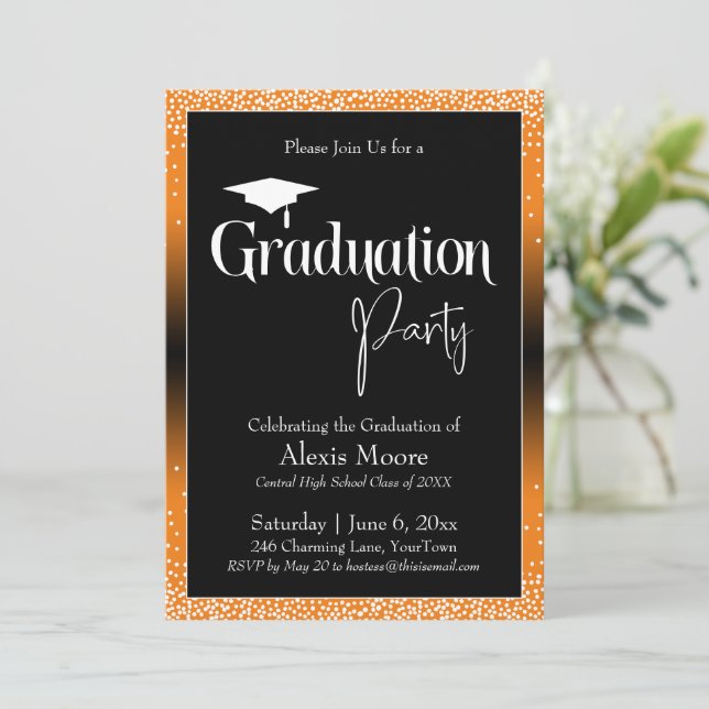 Graduation Party Bright Orange Ombre Confetti Invitation (Standing Front)