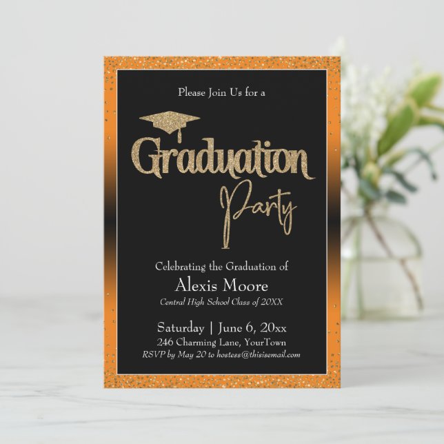 Graduation Party Bright Orange Ombre Confetti Invitation (Standing Front)