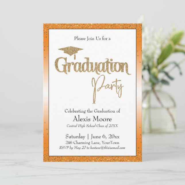 Graduation Party Bright Orange Ombre Gold Confetti Invitation (Standing Front)