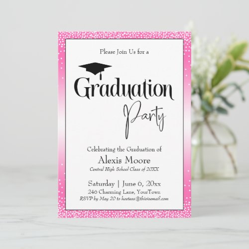Graduation Party Bright Pink Ombre Confetti Invitation