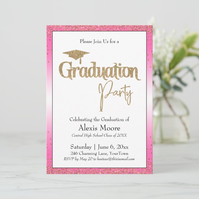 Graduation Party Bright Pink Ombre Gold Confetti Invitation (Standing Front)