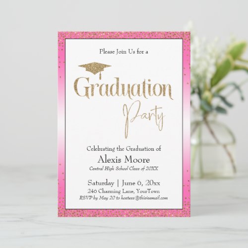 Graduation Party Bright Pink Ombre Gold Confetti Invitation