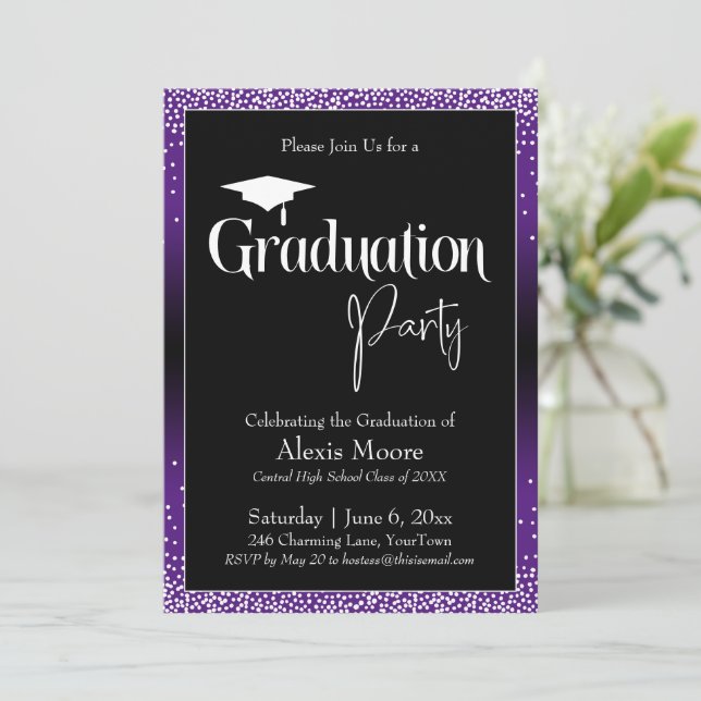Graduation Party Bright Purple Ombre Confetti Invitation (Standing Front)