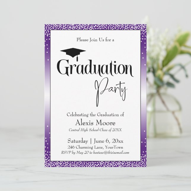 Graduation Party Bright Purple Ombre Confetti Invitation (Standing Front)