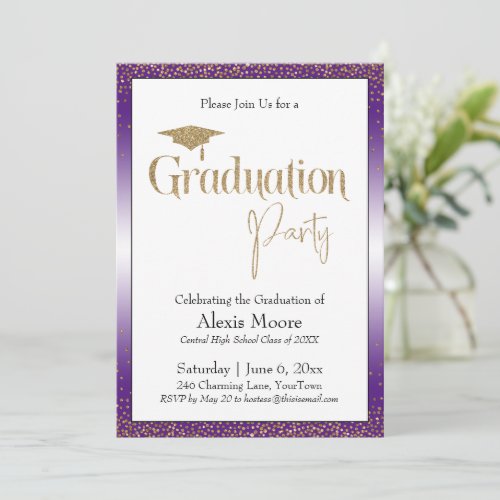 Graduation Party Bright Purple Ombre Gold Confetti Invitation