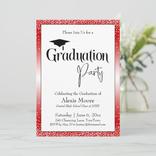 Graduation Party Bright Red Ombre Confetti Invitation