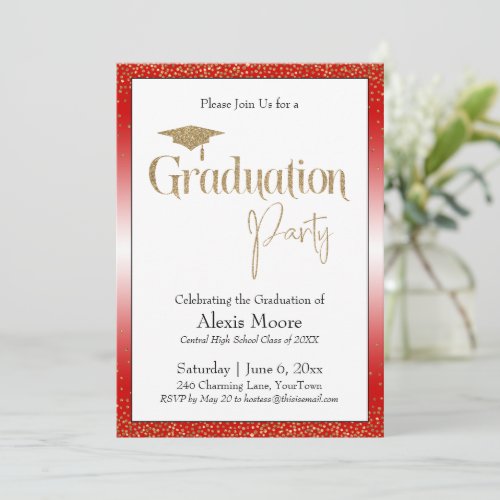 Graduation Party Bright Red Ombre Gold Confetti Invitation