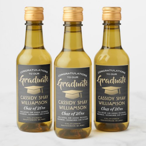 Graduation Party Brushed Black Gold and White Mini Wine Label