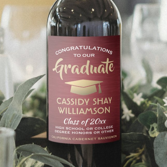 Graduation Party Brushed Burgundy Red Gold White Wine Label (Creator Uploaded)