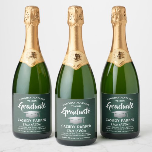Graduation Party Brushed Dark Green White  Silver Sparkling Wine Label